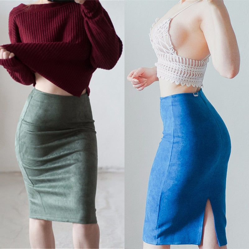 Winter Women Midi Pencil Skirt High Waist Gray Pink
