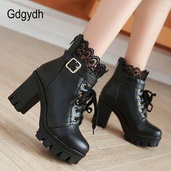 Lace Ankle Boots Thick High Heels Women Boots Lacing