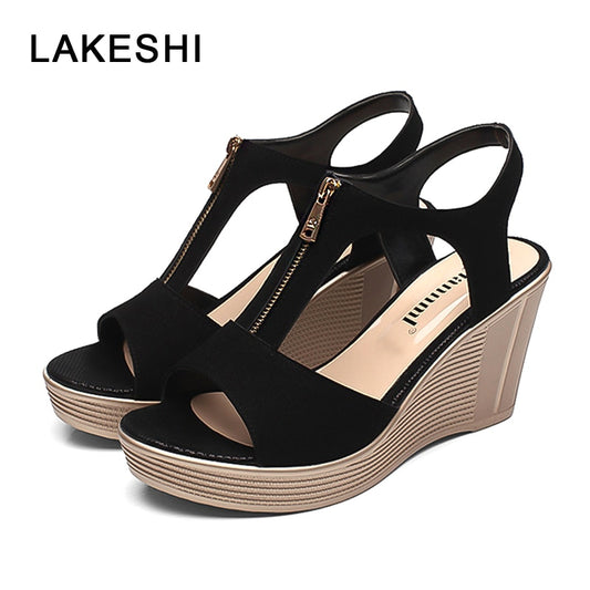 Women Sandals Wedge Sandals Platform Zip Summer Women Shoes Black Peep