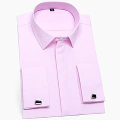 Men's Classic French Cuffs Solid Dress Shirt Covered Placket Formal Business