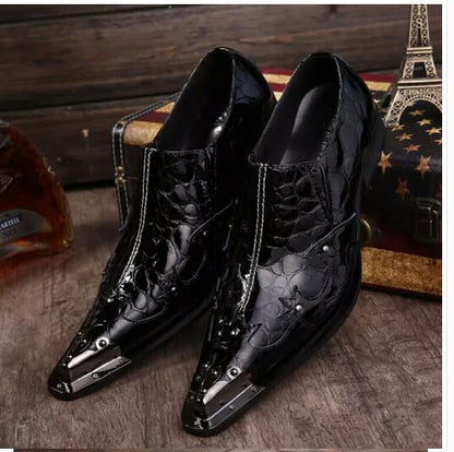 Spring summer black patent leather mens pointed toe dress shoes metal tip