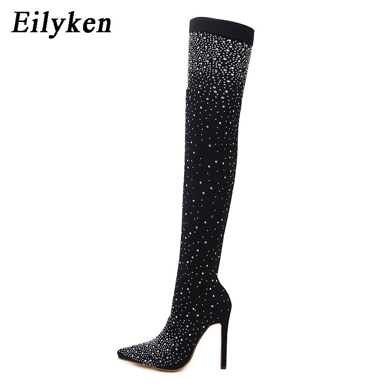 Design Fashion Pointed Toe Bling Over Knee Boots Crystal Long Sock