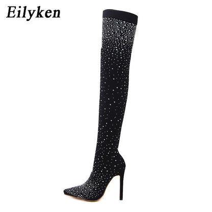 Design Fashion Pointed Toe Bling Over Knee Boots Crystal Long Sock