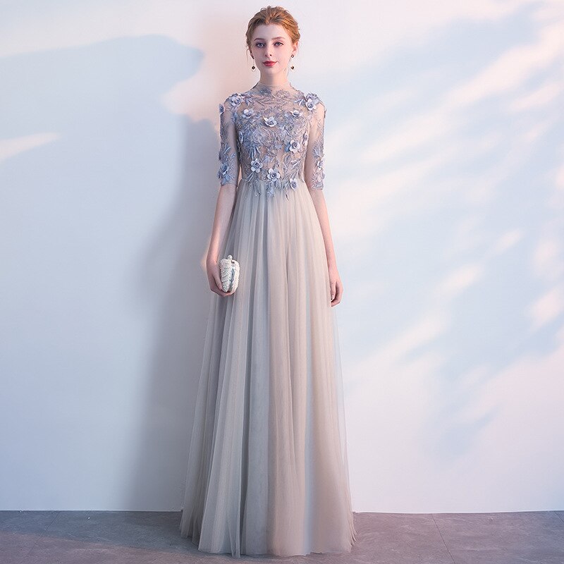 Homecoming Dresses: Prom Dresses Long Half Sleeves Gray Tulle A-Line Floor-Length