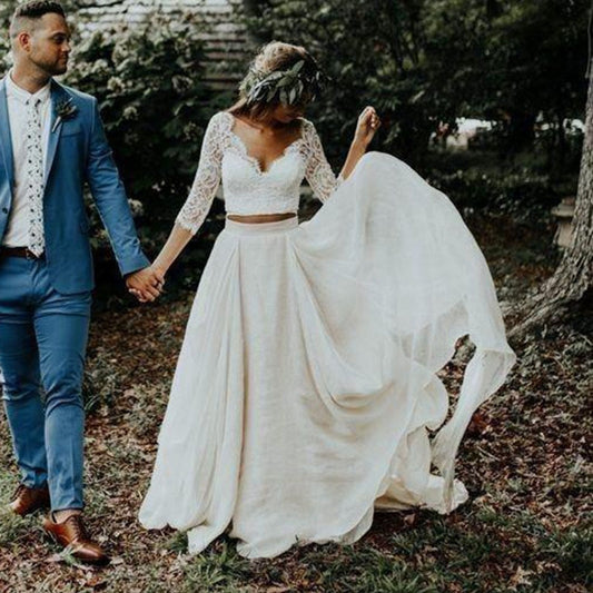 White Bridesmaid Dresses:Wedding Dress 3/4 Long Sleeves A Line White Ivory Chiffon