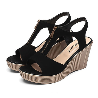 Women Sandals Wedge Sandals Platform Zip Summer Women Shoes Black Peep Toe Ladies Sandals Women Shoes Big Size 43