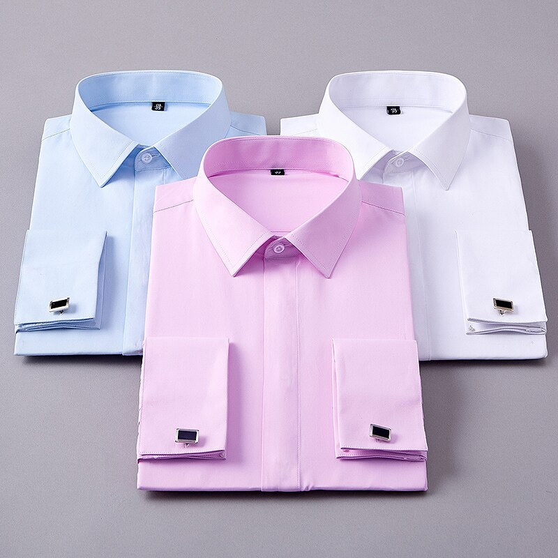 Men's Classic French Cuffs Solid Dress Shirt Covered Placket Formal Business