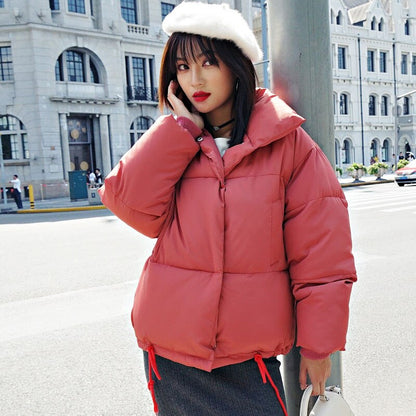 Korean Style Winter Jacket Parkas Women Stand Collar Solid Black White