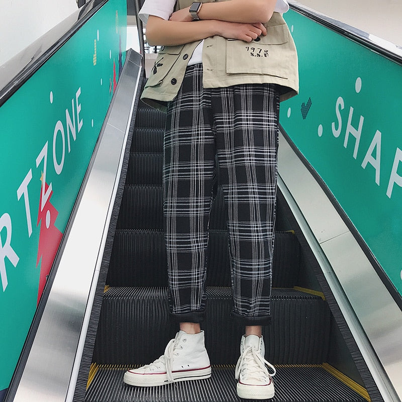Streetwear Yellow Plaid Pants Men Joggers Man Casual Straight Harem Pants Men