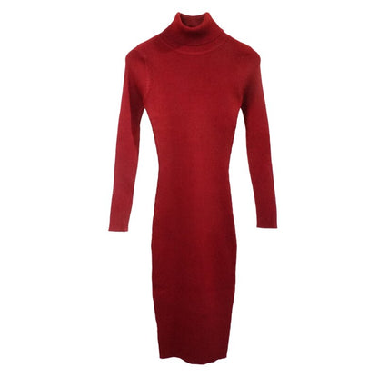 Women Knitted Dress Turtleneck Sweater Dresses Lady Slim