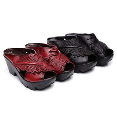 Ethnic Style Genuine Leather Women Shoes Sandals wedges Slides