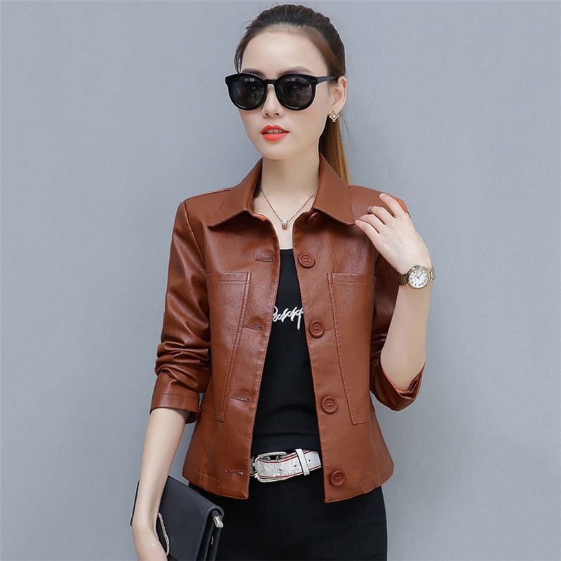 Leather Jacket Women Caramel 3XL 4XL Short Slim PU Coat
