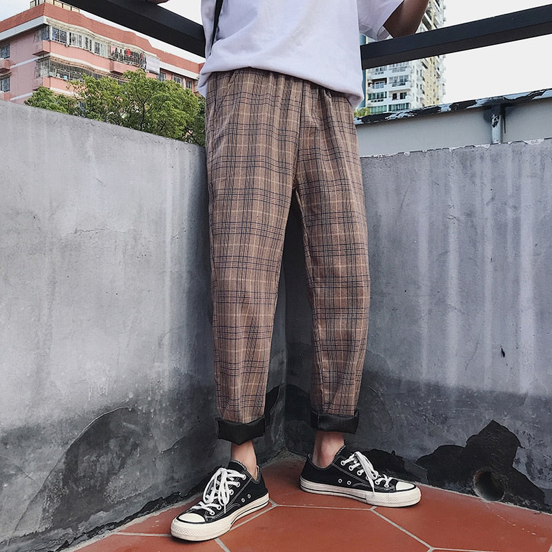 Streetwear Yellow Plaid Pants Men Joggers Man Casual Straight Harem Pants Men