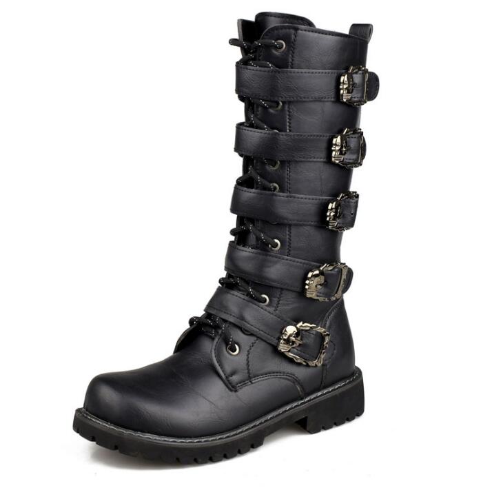 Men's Leather Motorcycle Boots Mid-calf Military Combat Boots Gothic