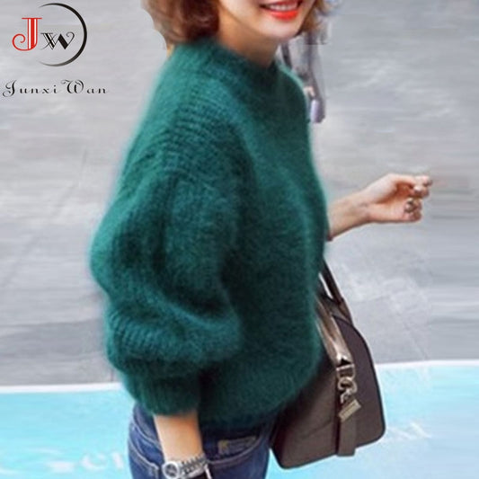 White Mohair Thicken Turtleneck Sweater Autumn Winter Sweet Fashion