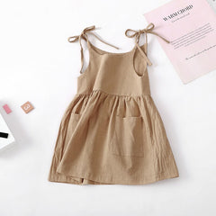 Summer Girls Clothes Dresses Pure Color Cotton Linen Sleeveless Lace-up Kids