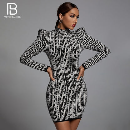 Mini Dress Long Sleeves Stand Collar Celebrity Party Club Bandage