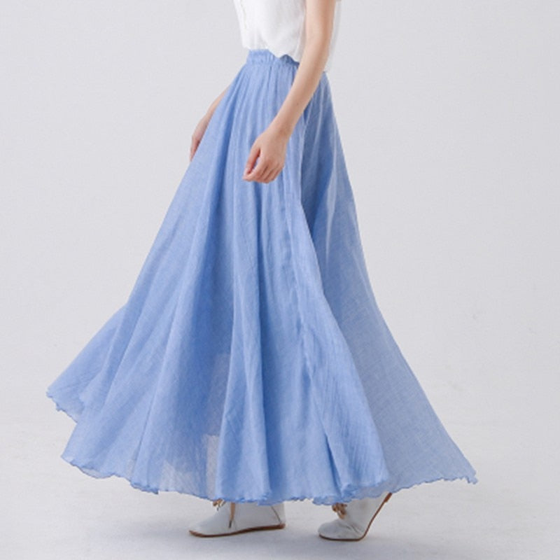 Cotton Linen Maxi Skirt Womens Casual Elastic High Waist Pleated