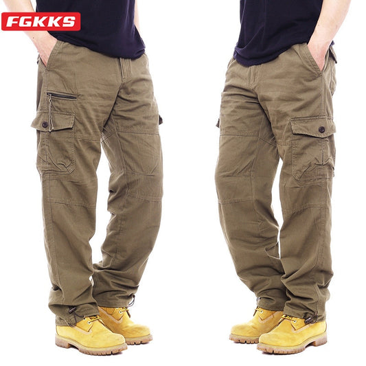 Men Multi-pocket Cargo Pants Zipper Pure Cotton Straight Leg Pants