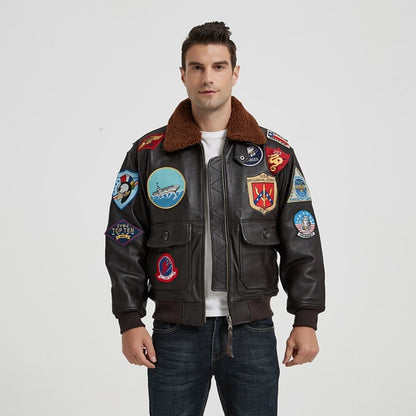 Dark Brown TOP GUN Pilot Leather Jacket Men Wool Collar Genuine Thick