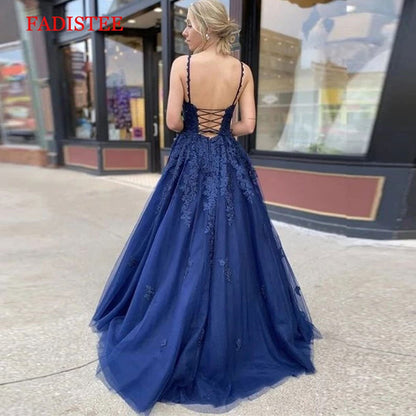 Lace Navy Blue V-neck Vestidos De Fiesta Noche Prom Party Evening Dresses Robe De Soiree Gown Frock Long Soft Tulle Lace-up