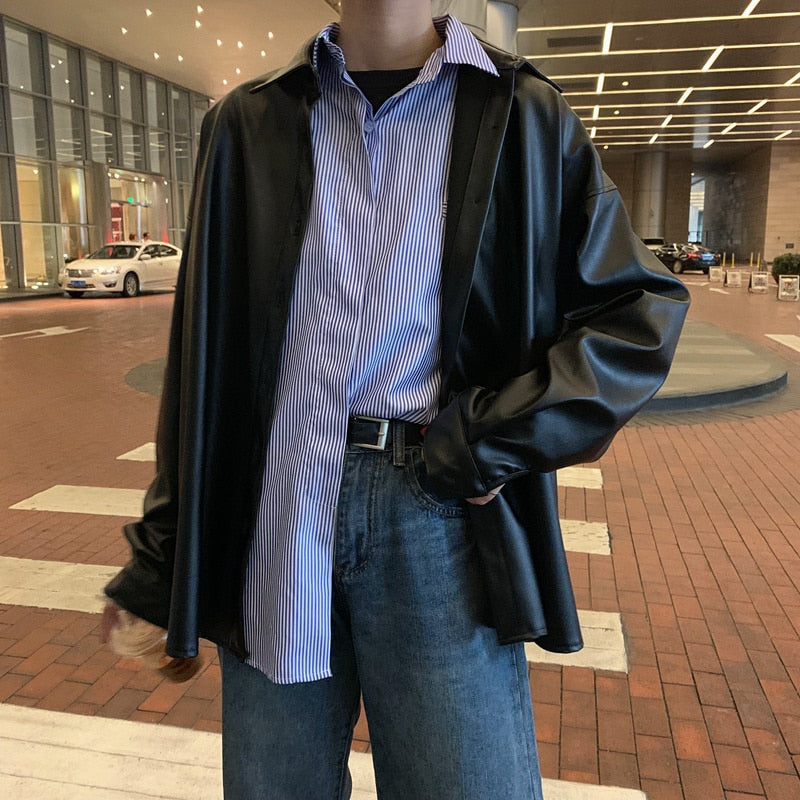 Women oversized PU leather blouses Spring Autumn Black