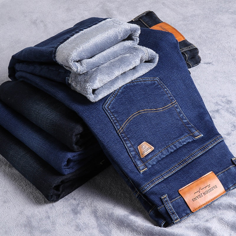 Men Fleece Warm Jeans Classic Style Business Casual Regular Fit Thicken Stretch