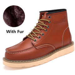 Red Retro Leather Boots Men Fur Warm Winter Boots Comfort British Style