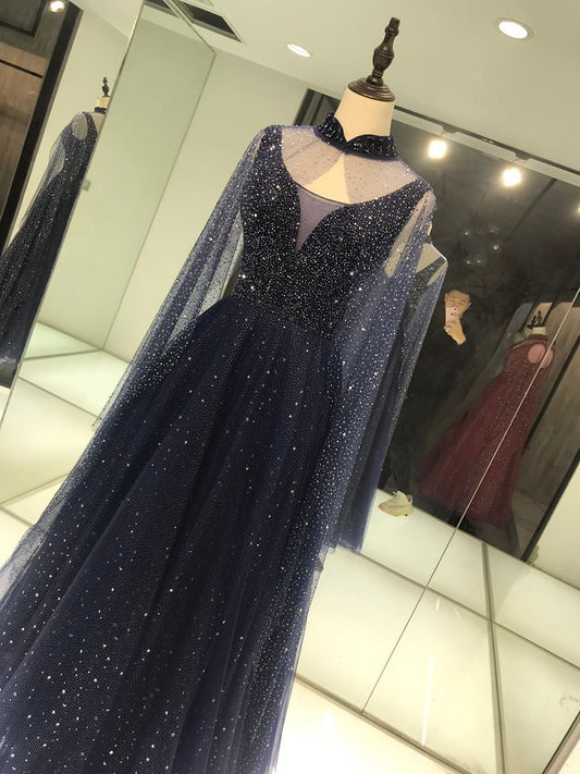 Long Evening Dress with Cape Luxury Sequins Beading Prom