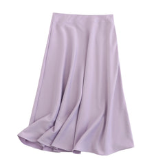 women solid quality satin midi skirt vintage side zipper