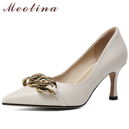 Meotina Genuine Leather High Heels Stiletto Heel Women Shoes Metal Decoration
