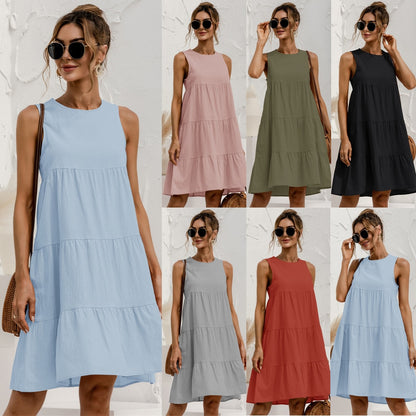 Women Vest Dress Cotton O-Neck Sleeveless Solid Midi Dress Stitching Large Swing Casual Loose Sundress