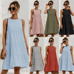 Women Vest Dress Cotton O-Neck Sleeveless Solid Midi Dress