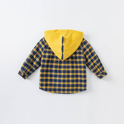 Autumn baby boys fashion cartoon plaid hooded pockets coat