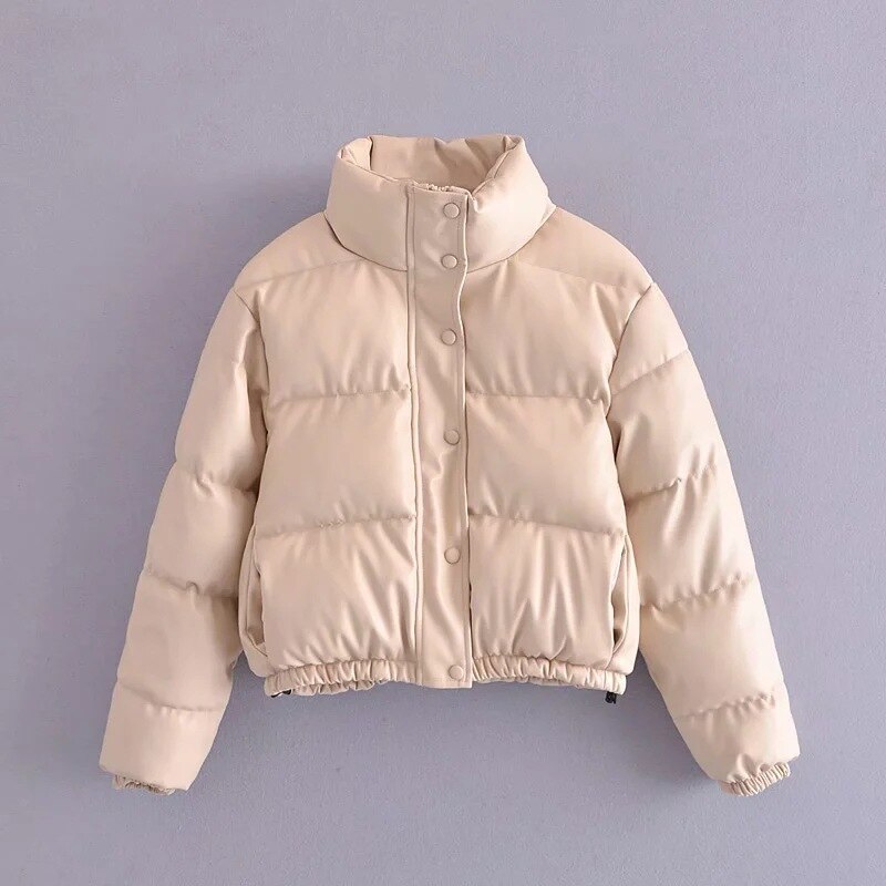 Winter Women Jacket Thick Warm Short Parka Black Pu Leather Coats Woman