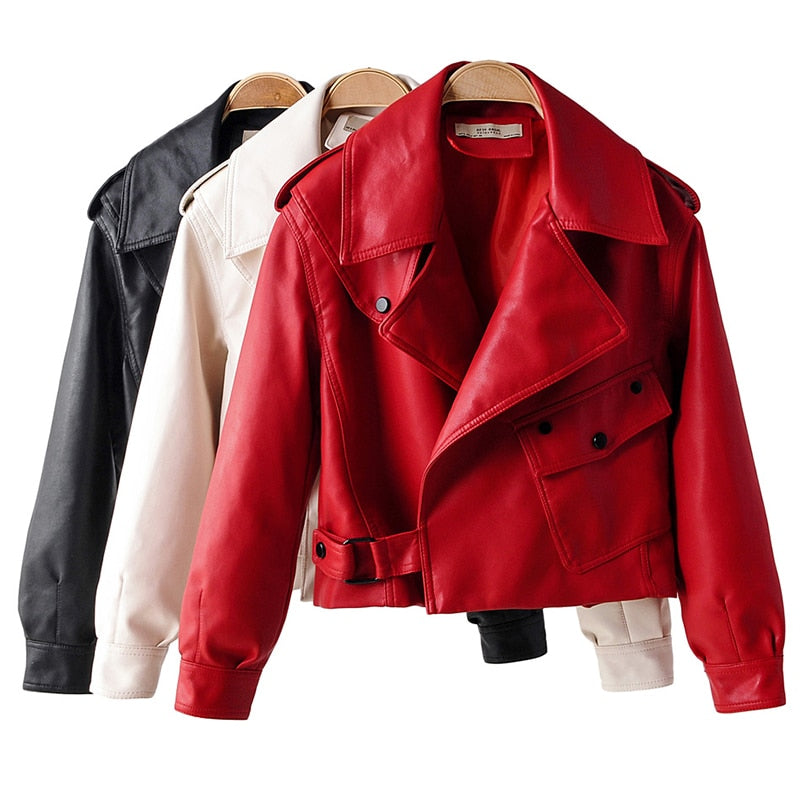 Autumn Women Faux Leather Jacket Pu Motorcycle Biker Red Coat