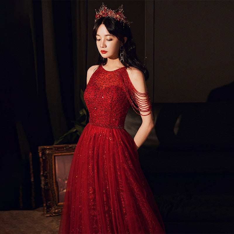 Evening wear Dresses: Sequins Evening Dress Banquet Elegant Halter Red