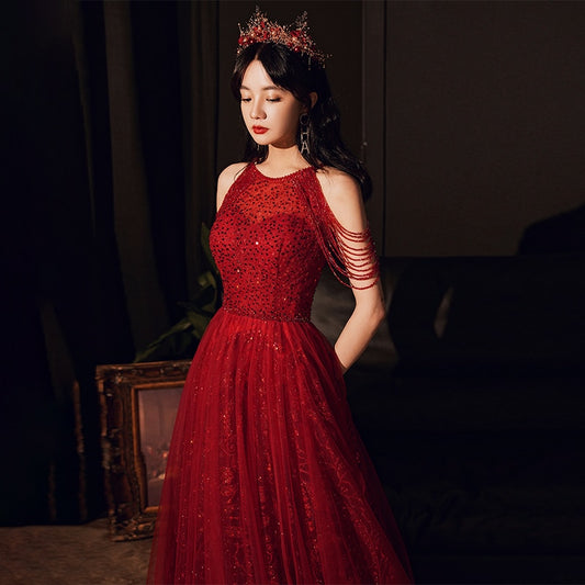 Evening wear Dresses: Sequins Evening Dress Banquet Elegant Halter Red