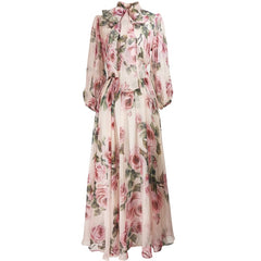 Spring Summer Fashion Designer dress Women Dress Bow collar Rose Floral-Print Elegant Vacation Chiffon Dresses