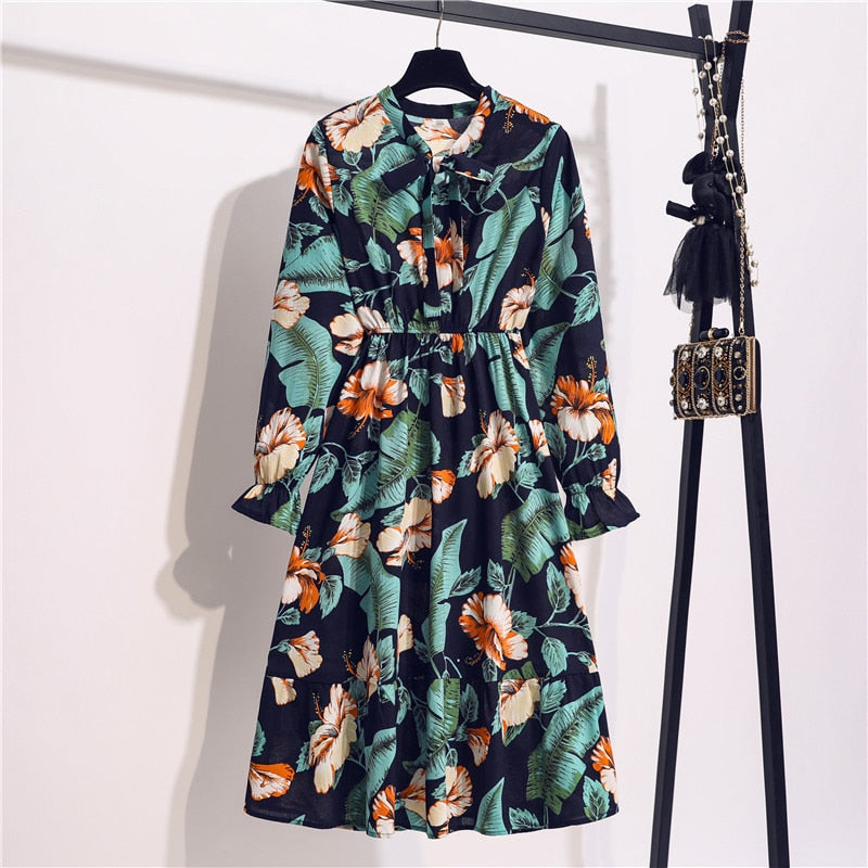 Floral Print Women Dress Female Autumn Long Sleeve Vintage Chiffon Bow Tie