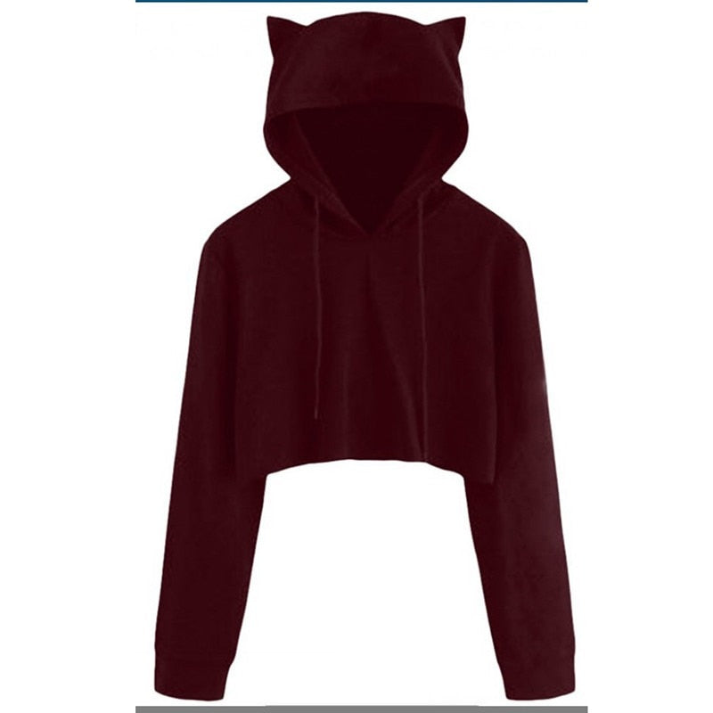 Women Hoodies Solid Crop Hoodie Long Sleeve Jumper Hooded Pullover