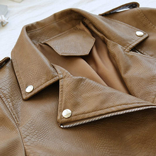 Spring Autumn Women Faux Leather Jacket Slim Streetwear Khaki