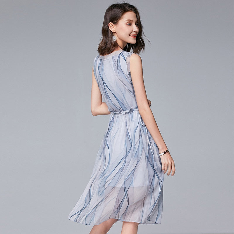 new women middle school long sleeveless fungus edge waist drawstring stripe elegant Fairy Dress