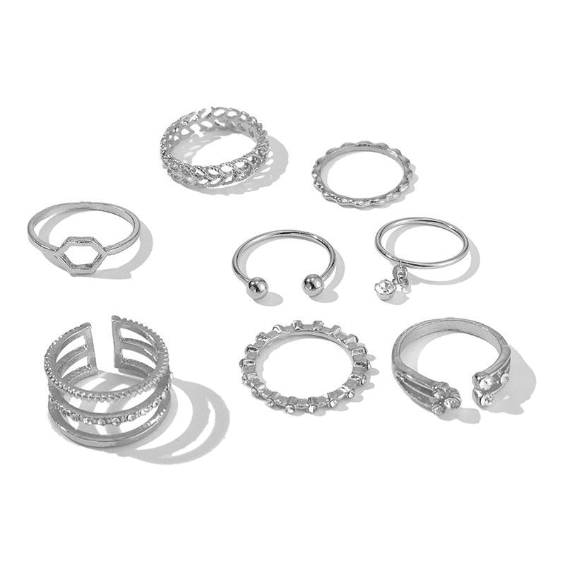 Tocona 8pcs/sets Hollow Out Rings for Women Men Charms Clear Crystal