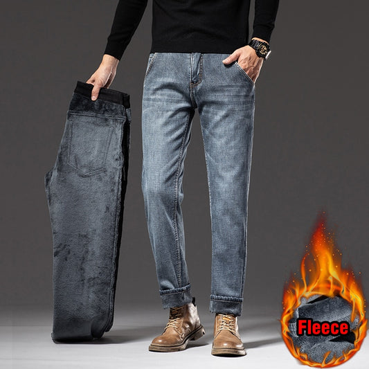 Men Fleece Warm Jeans Classic Style Business Casual Regular Fit Thicken Stretch