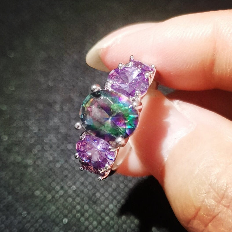 Luxurious Mystery Stone Ring Silver Plated Rainbow Fashion Jewelry Ring