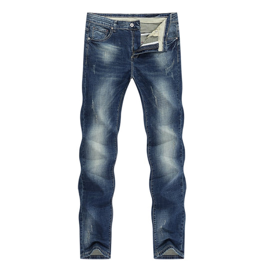 Dark Blue Jeans Men Stretch Slim Straight Regular Fit Spring Casual Pants Denim