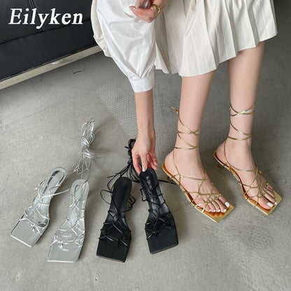 Fashion Women Sandals Thin Low Heel Lace Up Rome Sandal Summer