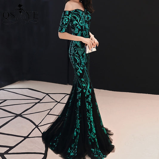 Sequin Peacock Evening Dress Side Sleeves Mermaid Prom Gown Long Sleeves