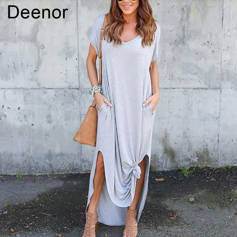 Plus Size 5XL Sexy Women Dress Summer Solid Casual Short Sleeve Maxi Dress For Women Long Dress